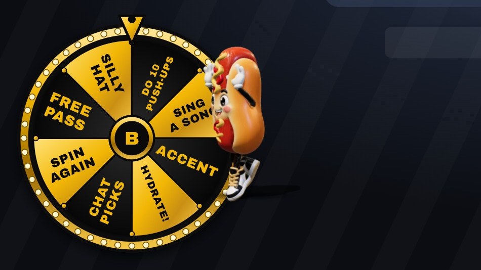 Spin wheel overlay with the hot dog mascot hanging off the wheel